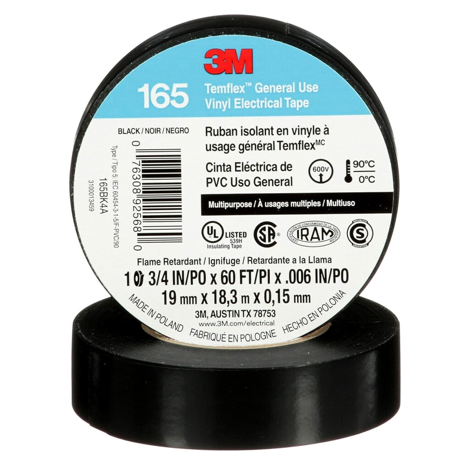 Cinta Aislar Negra 19 MM x 18.3 MT 165 Temflex 3M