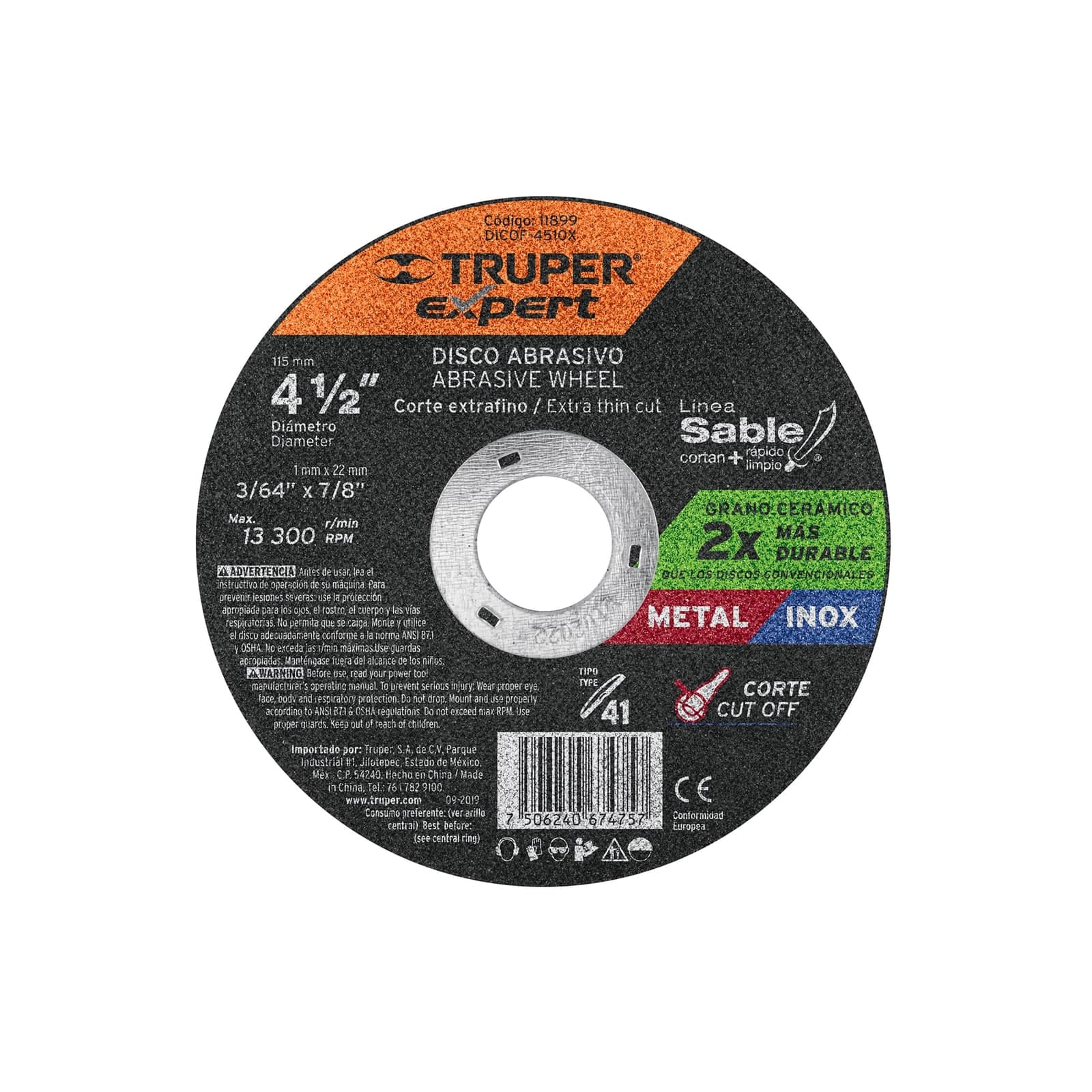 Disco P/Corte Metal Fino Tipo 41 Diametro 4-1/2" DICOF-4510X Truper
