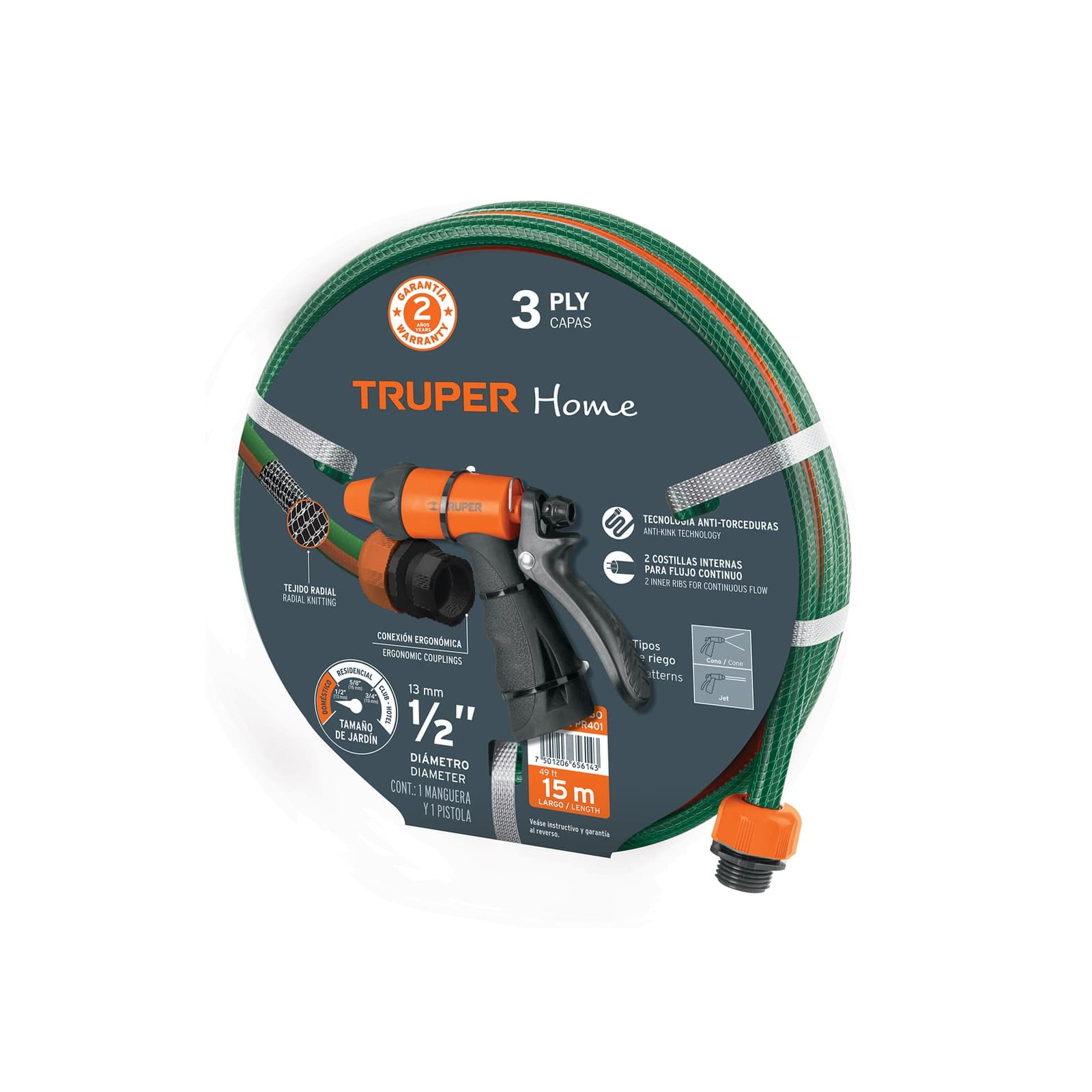 Manguera P/Jardín Armada 1/2" x 15 MT Combo Reforzada 3-1/2" Capas MAN15RE-PR401 Truper