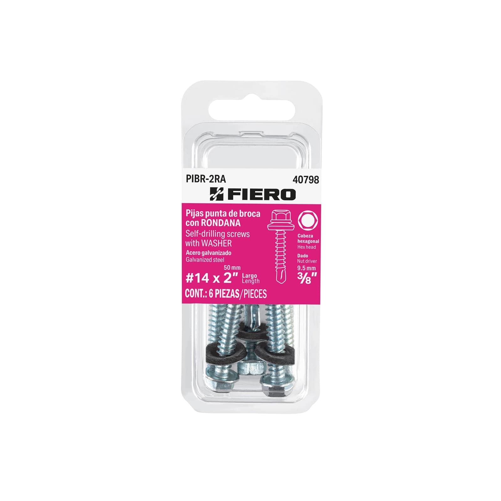 Pija Punta Broca C/Rondana Blister Cabeza Hexagonal 2" 6 Pzs PIBR-2RA Fiero